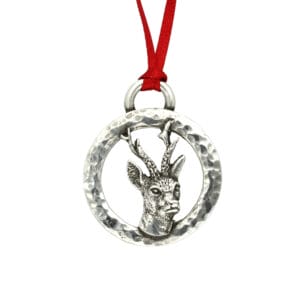 Pewter Christmas decoration depicting reindeer in a hammered ring
