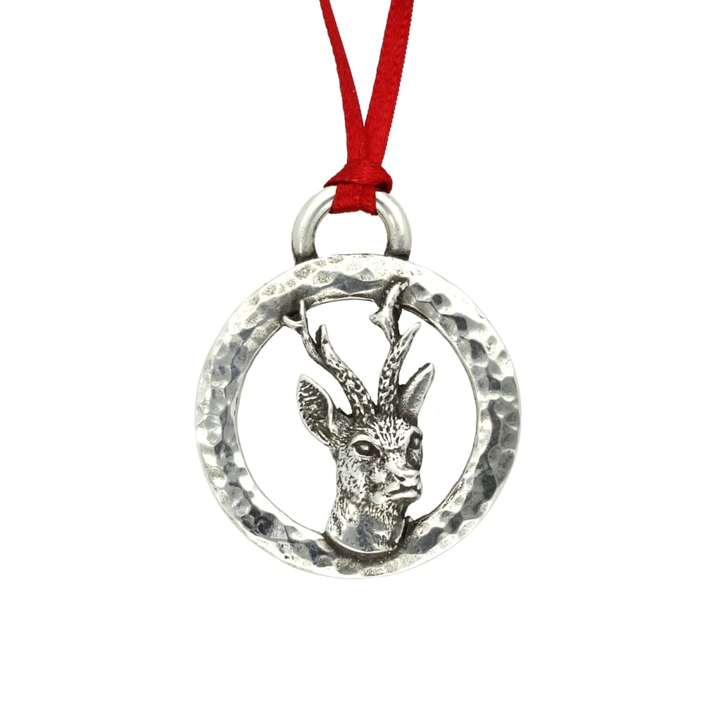 Pewter Christmas decoration depicting reindeer in a hammered ring
